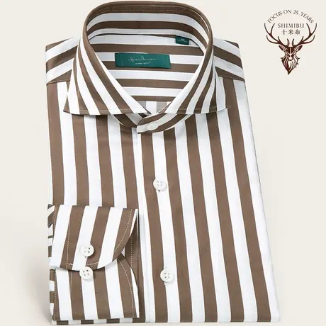 十米布个性大气庄重棕色宽竖条纹长袖衬衫男休闲修身纯棉帅气衬衣商品大图