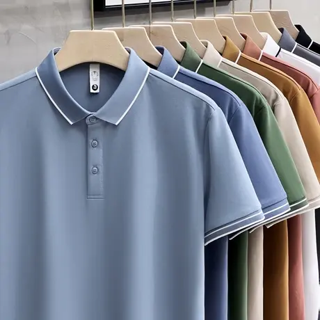 新款蓝色Polo衫男士夏季短袖翻领T恤舒适透气简约半袖纯色保罗衫商品大图