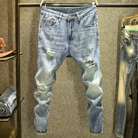 宽松直筒牛仔裤男款2023夏季长裤高街ins潮牌破洞港风刮烂裤子男商品大图