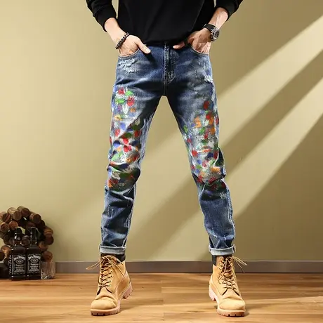 秋冬款破洞牛仔裤潮ins高街男裤子痞帅高级感美式复古涂鸦乞丐裤商品大图