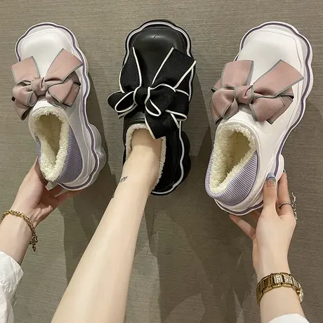 防水棉拖鞋女冬季可爱蝴蝶结室内家居踩屎感厚底增高加绒包跟棉鞋商品大图
