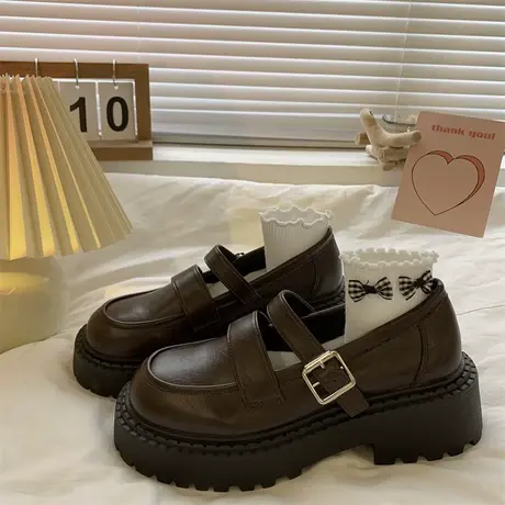 小皮鞋女秋季新款2023厚底增高复古百搭玛丽珍鞋单鞋子日系jk棕色图片