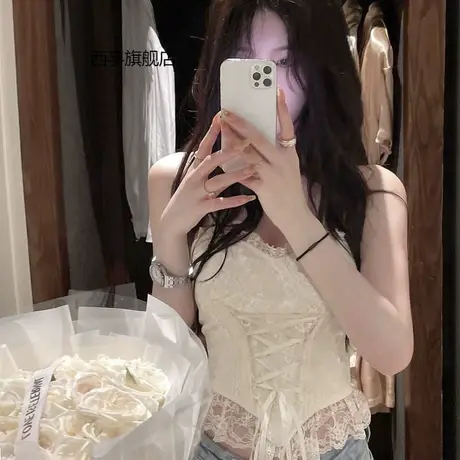 又纯又欲性感修身小吊带秋冬内搭纯欲蕾丝设计感鱼骨辣妹短款上衣图片