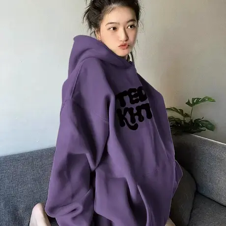 紫色美式连帽卫衣女春秋款大码胖mm宽松显瘦oversize上衣2-300斤商品大图
