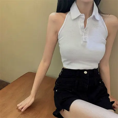 辣妹无袖坎肩polo翻领外穿短款吊带背心女夏挂脖别致独特t恤上衣图片
