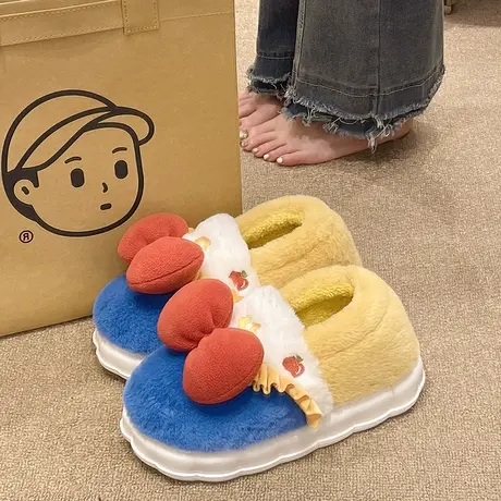 蝴蝶结可爱棉拖鞋女冬季室内居家防滑产后月子鞋保暖毛绒包跟棉鞋商品大图