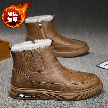 雪地靴男款春季一脚蹬加绒加厚保暖东北皮毛一体切尔西高筒棉鞋男商品大图
