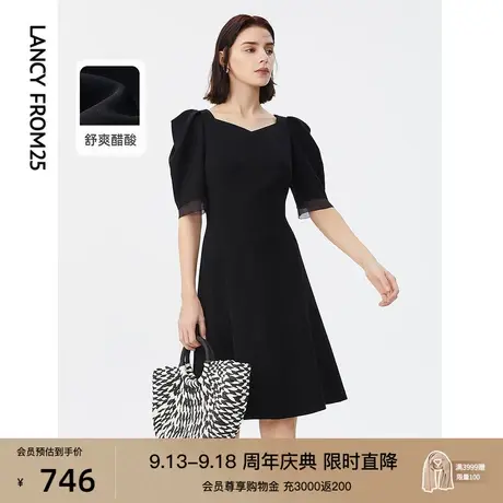 朗姿法式复古中长款黑色礼服泡泡袖收腰显瘦连衣裙女夏新款小黑裙图片