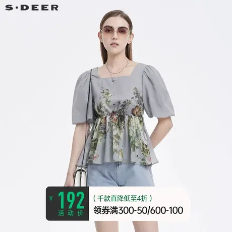 sdeer圣迪奥夏装复古方领数码印花设计感喇叭袖衬衫女S22280402商品大图