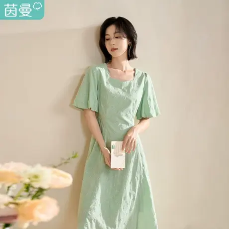 【商场同款】茵曼2023春季女装新款法式甜美灯笼袖收腰A字连衣裙图片