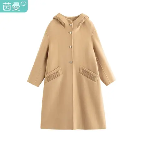 茵曼开衩大衣毛呢外套女冬季新款连帽拼接中长款保暖大衣服图片