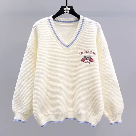 日系卡通刺绣V领毛衣女秋冬2023年新款宽松时尚高级感针织衫上衣商品大图
