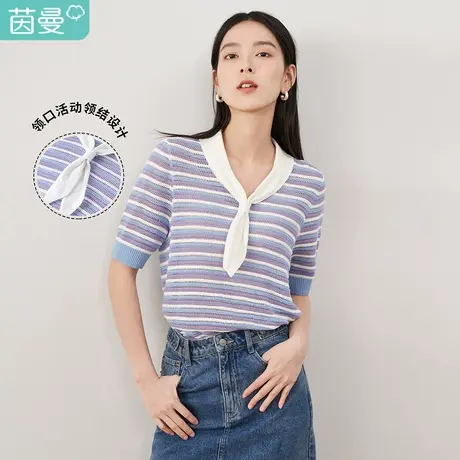 【商场同款】茵曼条横针织衫女2023春季新款套头领结宽松休闲上衣商品大图