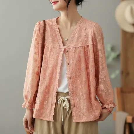 dza文艺复古纯棉女士短外套2023夏季薄款开衫外搭宽松显瘦V领上衣商品大图