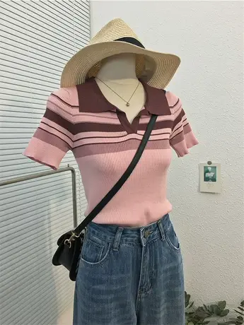 春夏新款Polo小开领条纹短袖针织衫女2023新款短款百搭辣妹上衣潮商品大图