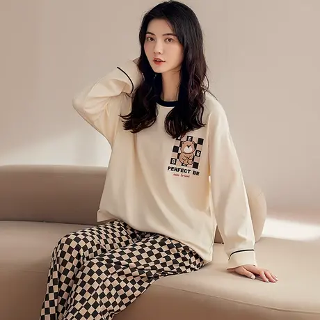 猫人睡衣女2023新款春秋季纯棉长袖可外穿大码家居服全棉圆领套装商品大图