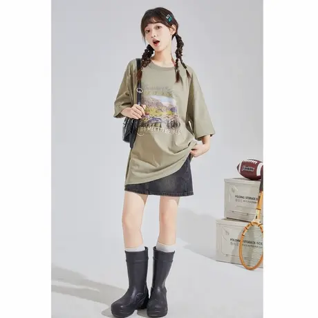[YEP联名]唐狮夏季美式复古上衣女士短袖t恤新款纯棉体恤图片