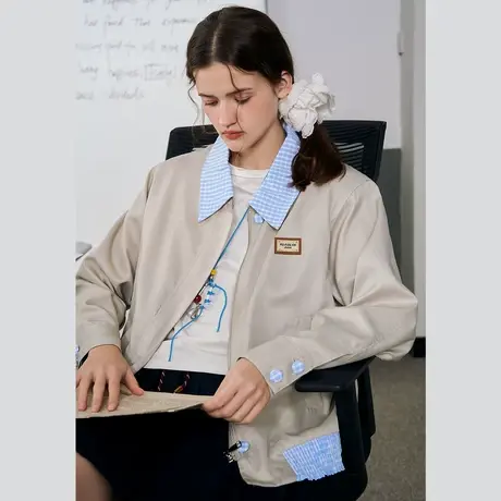 a02甜美韩系蓝格子拼接夹克蓝格子上衣2025春季休闲风女式外套图片