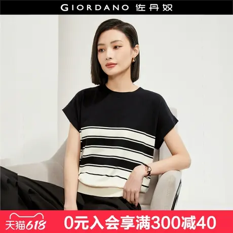 设计师款佐丹奴短袖针织衫女撞色条纹宽松蝙蝠袖圆领上衣18355603商品大图