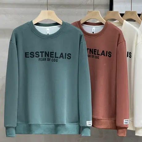 立体印花2023新款卫衣男春秋宽松圆领白色无帽秋季外套长袖T上衣商品大图