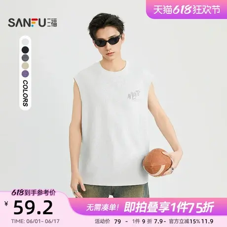 三福2025夏季男士涂鸦手写体背心 街头宽松圆领无袖上衣498472图片