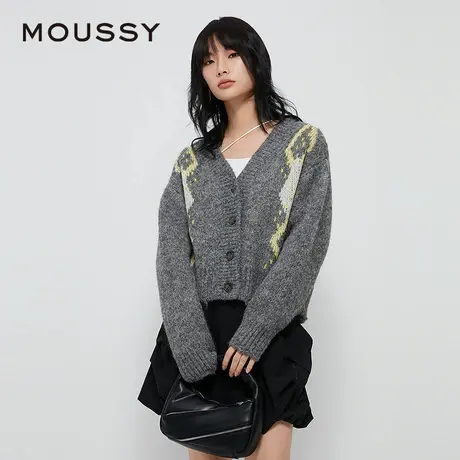 MOUSSY 春季新品复古撞色菱格毛衣V领针织百搭开衫028HAZ70-1461商品大图