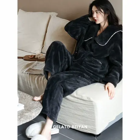 贝妍珊瑚绒睡衣女冬新款公主风家居服外穿加厚法兰绒保暖黑色套装商品大图