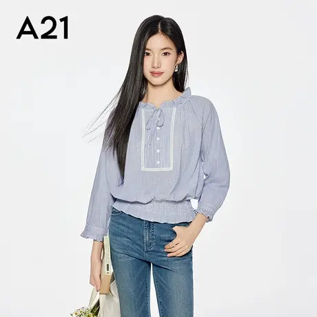 A21女装竖条纹荷叶领七分袖衬衫2025夏季新款简约系带短款薄上衣图片