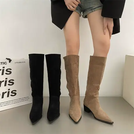 永希长筒靴女2023春秋季新款小众设计感西部牛仔靴粗跟尖头高筒靴商品大图