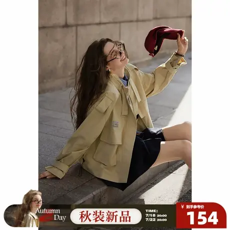 唐狮2026秋季新款夹克外套女大口袋休闲工装廓形英伦风短款风衣图片