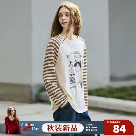 8.1/20点 上新唐狮2025秋季新款长袖T恤女圆领卡通印花宽松插肩袖商品大图