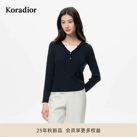 珂莱蒂尔2025年秋新连帽假两件V领休闲针织衫女舒适长袖套头上衣商品大图