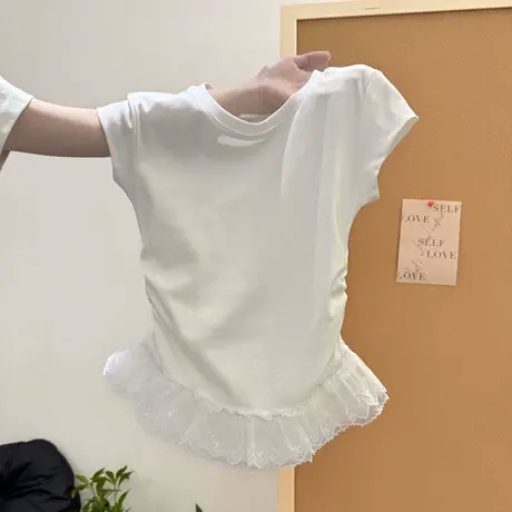 纯欲风蕾丝拼接下摆短袖T恤女夏季修身韩版设计感小众半袖上衣潮商品大图