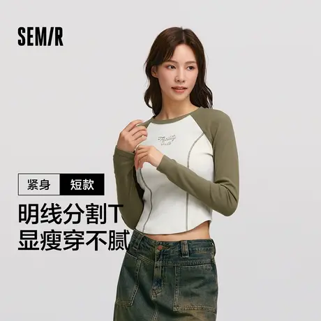 森马长袖T恤女短款紧身撞色插肩袖明线显瘦冬季印花圆领上衣复古商品大图