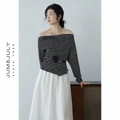 嘉茱莉一字领条纹长袖T恤女2025春季新款设计感露肩显瘦打底衫商品大图