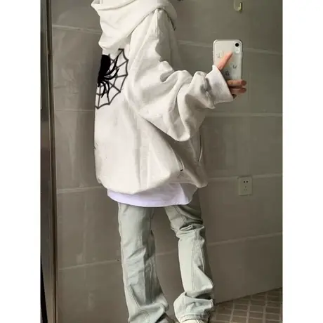 个性趣味印花连帽长袖卫衣女早秋季宽松显瘦百搭拉链开衫薄款上衣图片