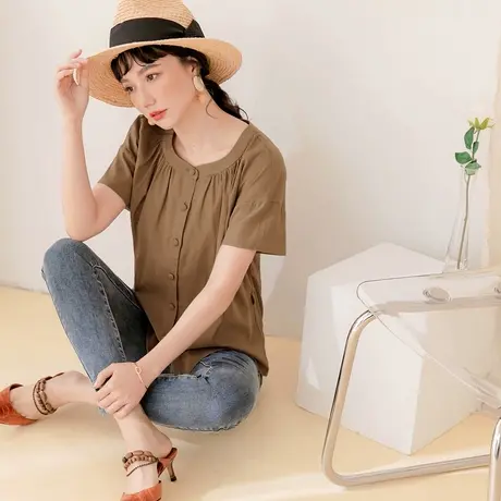 桔熊夏季复古纯色圆领褶皱凉爽舒适落肩上衣女胖妹妹大码AB14842商品大图