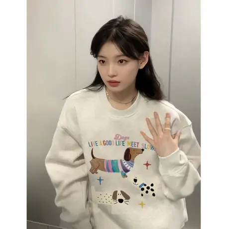 加绒加厚圆领卫衣女2025新款爆款早秋季白灰色无帽秋冬款女士上衣商品大图
