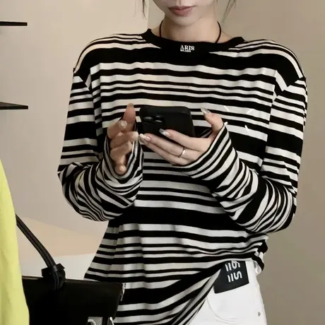 欧货条纹长袖T恤女2025早秋新款时尚洋气圆领字母印花大码上衣潮商品大图