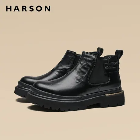 哈森冬季男鞋高帮商务休闲男士短靴英伦厚底切尔西靴男一脚蹬皮靴商品大图