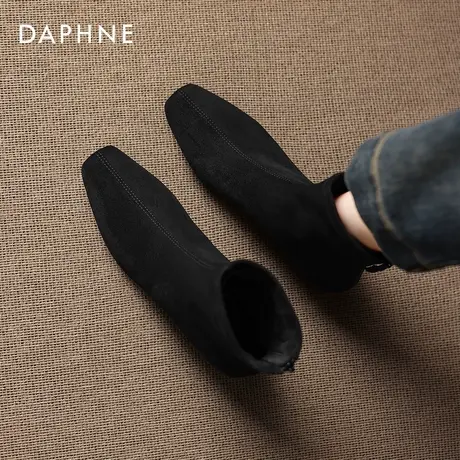 达芙妮黑色短靴女2026新款冬季加绒法式方头绒面踝靴瘦瘦马丁靴子商品大图