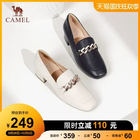 骆驼女鞋2023秋季新款真皮方头英伦风通勤粗跟单鞋乐福鞋女图片