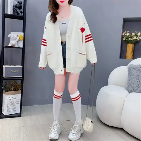 学院温柔风爱心针织开衫女秋季2023年新款宽松设计感日系毛衣外套图片