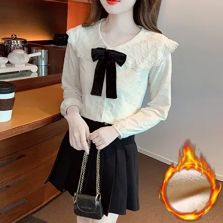 蝴蝶结蕾丝打底衫女2023冬季新款加绒加厚娃娃领甜美高级感小衫女图片
