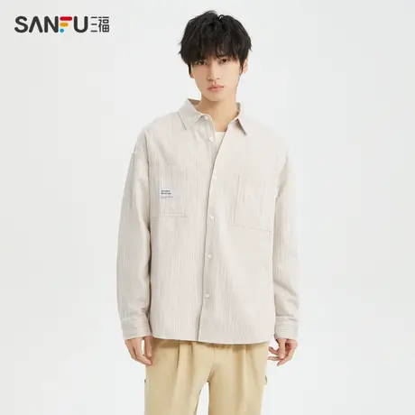 三福2023冬男士口袋织唛竖条纹长衬衫 时尚宽松翻领上衣477135商品大图