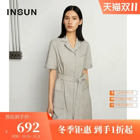 恩裳商场同款夏季经典亚麻竖纹棉质薄款收腰西装连衣裙图片