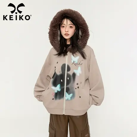 KEIKO [加密绒]复古毛绒连帽卫衣23秋冬可爱萌兔印花加厚开衫外套商品大图