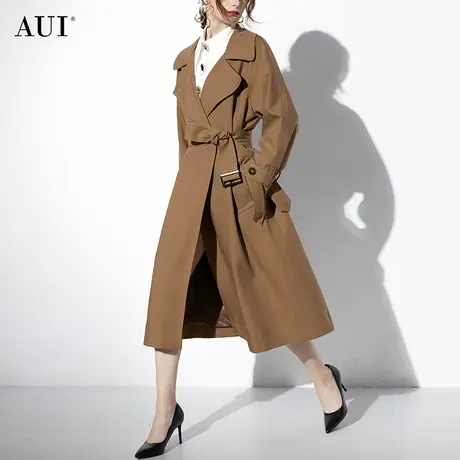 AUII卡其色美拉德中长款风衣外套女2023秋冬新款欧货咖色修身大衣商品大图