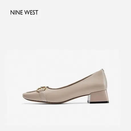 Nine West/玖熙浅口方头粗跟气质春新款99衔扣真皮知性通勤单鞋女图片