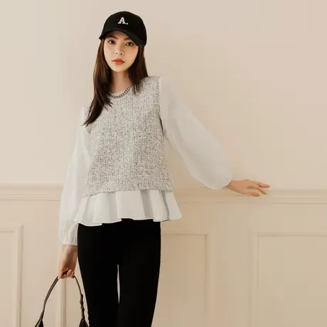 桔熊秋冬季气质假两件套上衣灯笼长袖拼接毛呢小衫女大码AB11408商品大图